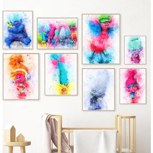 Branch and Queen Poppy Trolls Cartoon Canvas Poster Prints Abstract Watercolor Art Painting Nursery Wall Picture Kids Room Decor