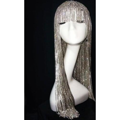 Luxury Silver Crystals Chain Women Headwear Shining Inlaid Diamonds Handwork Headwear DJ Singer Dance Stage Wear Accessories