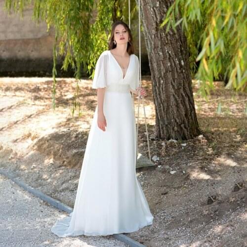 Fashion Chiffon V-Neck Wedding Dress Ruffled Plus Size Boho A Line Floor Length Custom Made Bridal Gown no Train