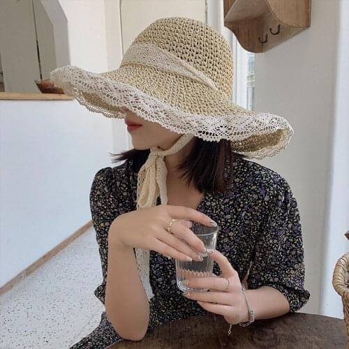 Women Lace Sun Hats for Wide Brim Straw Beach Side Cap Floppy Female Straw Hat Lace Solid Fringe Straw Hat Summer Hat Panama