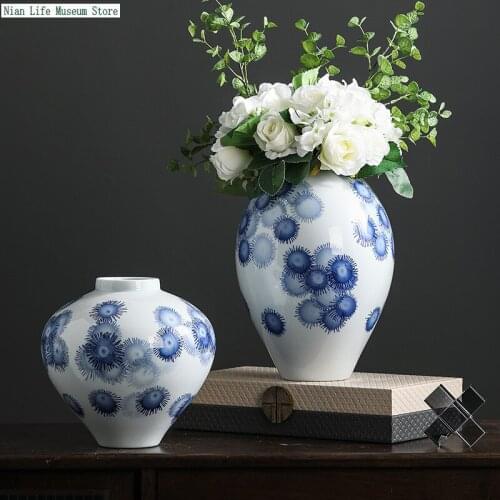 Modern home decor art flower vases blue and white porcelain ceramic simulation flower container interior decoration ornaments