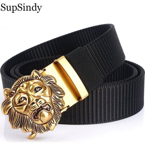 SupSindy Mans nylon belt luxury gold Lions metal automatic buckle Canvas Belts for men fashion jeans Waistband black male strap