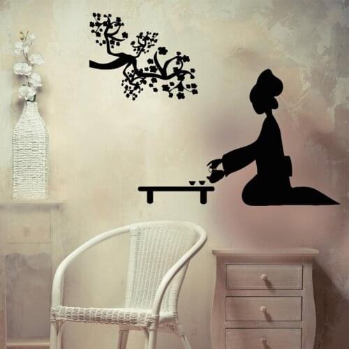 Geisha Girl Vinyl Sticker Sakura Branch Japanese Geisha Tea Ceremony Unique Decal Murals Waterproof Wallpaper Z405
