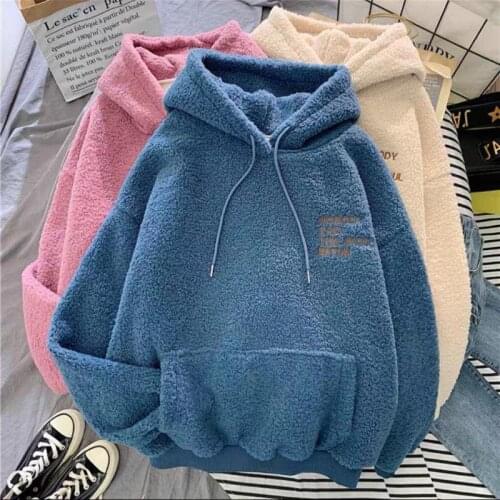 Hooded Lamb Velvet Sweater Women Autumn And Winter Embroidery Plus Velvet Thick Coat Loose Warm Top Hoodie Womens Sweatshirt