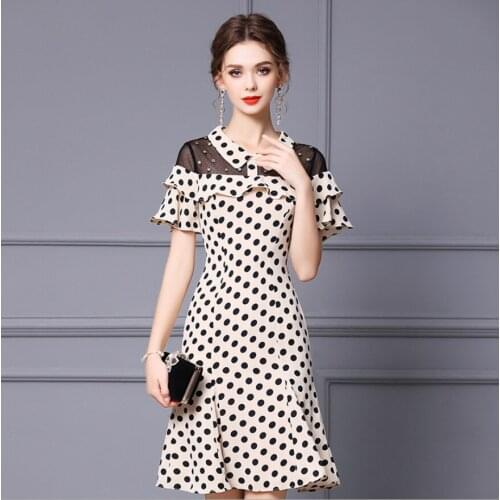 Female Lace Dot Waist Ruffles Summer Dress Peter Pan Collar Diamond Apricot Sweet Trumpet Short Sleeve Lady Lovely Young Mermaid