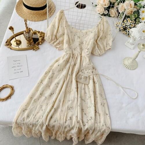 Women Vintage Style Floral Lace Dress Summer Fashion O Neck Short Puff Sleeve High Waist Casual Party Dress