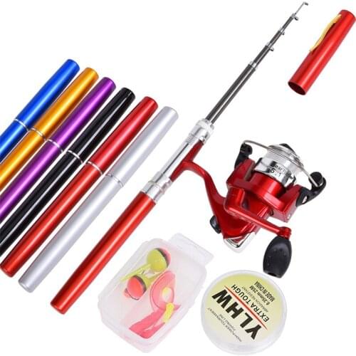 1 Meter Pen Fishing Rod Aluminum Alloy Reel + Lures Baits + Jig Hooks Set with Fiberglass Fishing Rod In Pen Case Metal Rod Pen