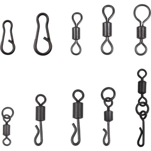 30Pcs Carp Fishing Rolling Swivels Matte Black Long Body Quick Change Swivel With Ring Snap Connector Carp Fishing Accessories