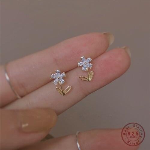 925 Sterling Silver Korean Simple Crystal Flower Plating 14k Gold Stud Earrings Women Fashion Classic Wedding Gift Jewelry