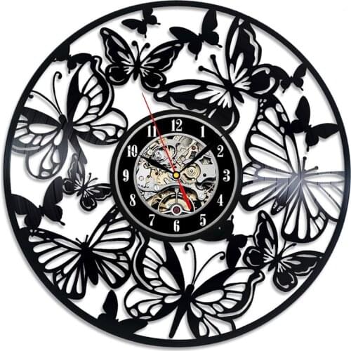 Round Hollow Butterfly Art Vinyl Record Clock Creative Butterfly Shape LED Wall Clock Antique Style Quartz Handmade Clock