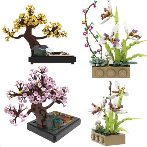 DIY Plant Potted Orchid Vase Orchid Blossom Building Blocks Rockery Flowing Water Peach Landscape Model Bricks Toys Kids Gifts