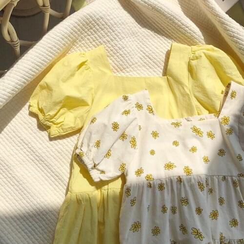 Baby Girl Dress Korean Childrens Summer New French Retro Dress Sweet Square Neck Puff Sleeve Dresses Family Matching Dress