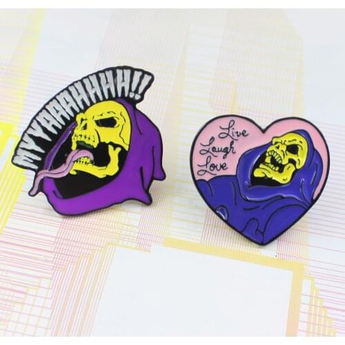 Purple Love Skull Brooch Love Laugh Live He-Man and the Masters of the Universe Skull Skeleton Skeletor Halloween Enamel Lapel