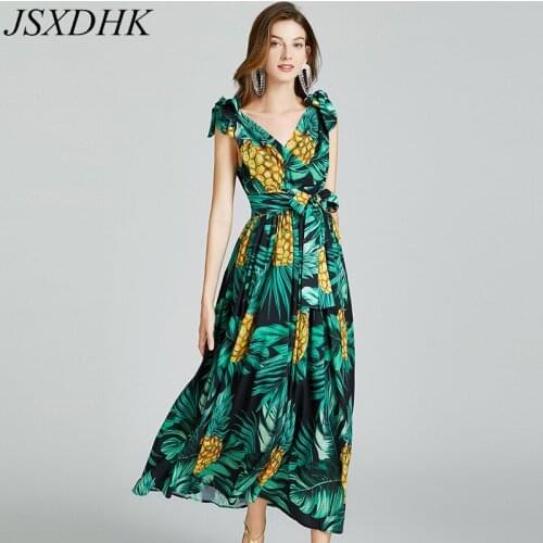 JSXDHK Fashion Runway Summer Boho Holiday Dress Womens V Neck Fruit Pineapple Print Chiffon Green Lace Up Backless Maxi Dresses