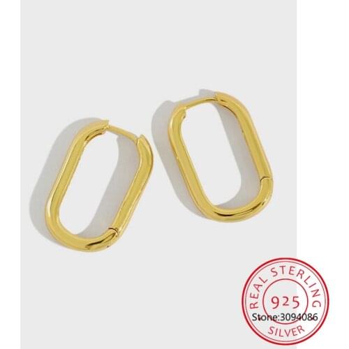 LEKANI 100% 925 Silver Female Earring Korean Fashion Minimalism Delicate Gold Oval Hoop Earrings Fine Jewelry for Girls Gifts