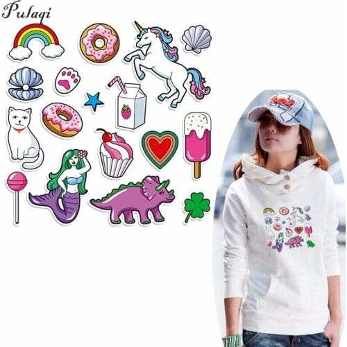 Pulaqi Small Iron On Applique Unicorn Doughnut Rainbow Clothes Stickers Heat Transfers For Children Gift Cute Decal Patches H
