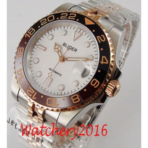 40mm Bliger White Dial Luminous jubilee Rose Gold Ceramic Bezel Sapphire Glass NH35 Date Automatic Mens Watch