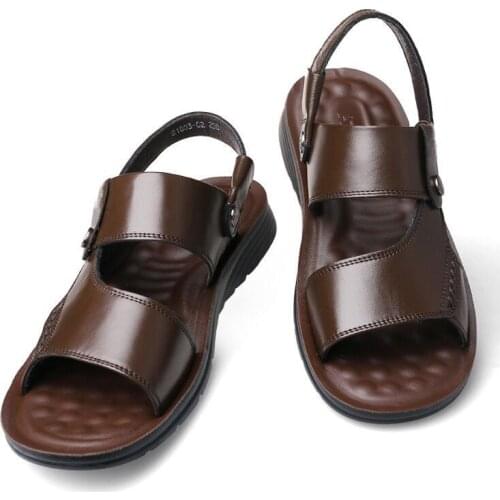 2021 Mens Summer New Sandals and Slippers Mens Leather Sandals Adult Thick-Soled Beach Shoes Non-Slip Open-Toe Leather Sandals