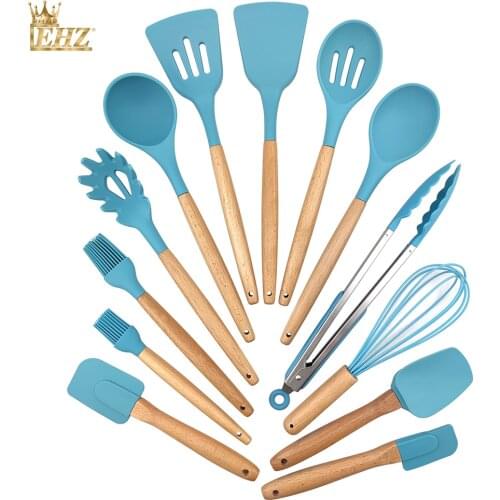 EHZ13PCS Kitchen Cooking Utensils Set Silicone Kitchenware Utensils Spatula Heat Resistant Spoon Whisk Turner Tong Wooden Handle