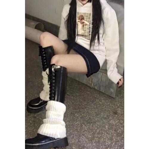 Ruibbit New Winter Japanese Knee Sleeve Leg Cover Warm Bloody Metal Chain Harajuku Punk Handmade White Knitted Leg Warmer
