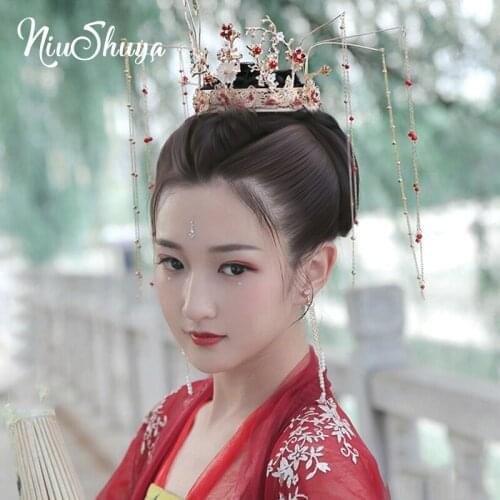 NiuShuya New Vintage Chinese Wedding Hair Accessories Bride Hair Crown Princess Hair Ornaments Queen Cosplay Carnival