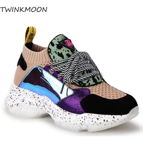 Celebrity Horsehair Chunky Sneakers Knitting Leopard Rubber Sole Platform Increased Casual Genuine Leather Holographic Shoes
