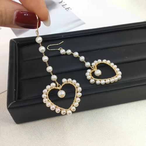Very long dangling women gold heart earring with natural cream real pearl beads pure handmade high quality jewelry gift female