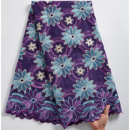 SJD LACE Purple Pattern African Lace Fabric Swiss Voile Lace Embroidery Cotton With Stone For Nigerian Lace Wedding Dress A2317