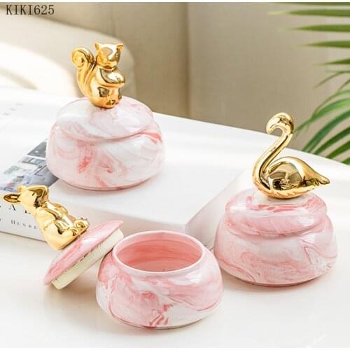 Modern Ceramic Candy Jar Pink Marbled Jewelry Box Cute Electroplating Animal Tea Sealed Jar Kitchen Storage Container with Lid