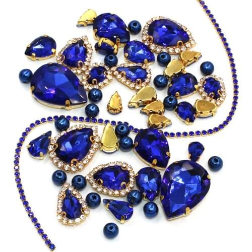 Wedding Decoration Gold base Royal Blue Mixsize Glass Crystal Stones Pearl Beads Cup Chain Rim Rhinestones Sew On Clothing/Dress