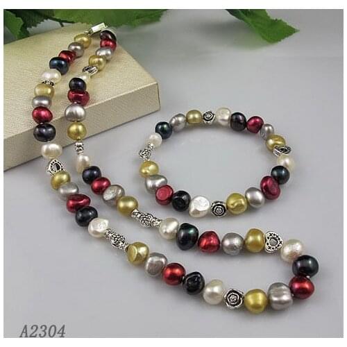 Unique Pearls jewellery Store Charming Tible Silver Flower Heart Beads With Multicolor Baroque Freshwater Pearl Necklace Bracele