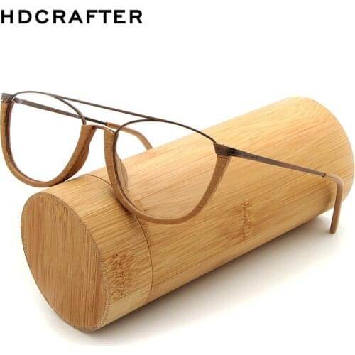 HDCRAFTER Vintage Eyeglasses Frames Men/Women Wood Metal Reading Myopia Glasses Frame with Clear Lens Wooden Eyewear Frames