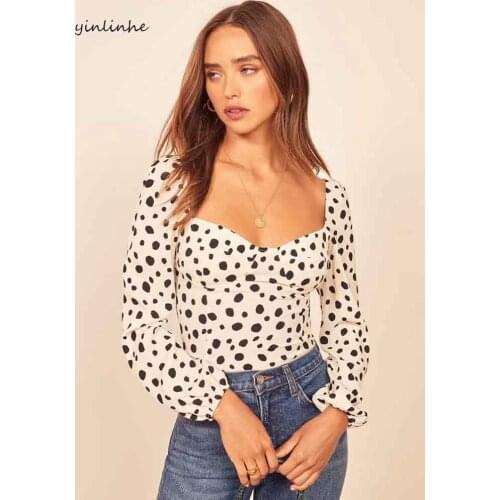 Yinlinhe Polka Dot Top Women Long Sleeve White Blouse Women Elasticity Waist Slim Sexy Vintage Summer Top Heart Collar 2020 1488