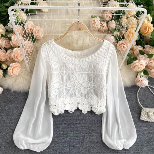 Women Solid Blouse O-Neck Long Puff Sleeve High Waist Autumn Or Spring Hollow Out Vintage Woman Korean New Fashion Tops