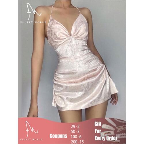 Women Sexy Strap Deep V-neck Party Dresses Sweet Halter Shirring Jacquard Bandage Backless Clubwear Mini Dress 2021 Summer