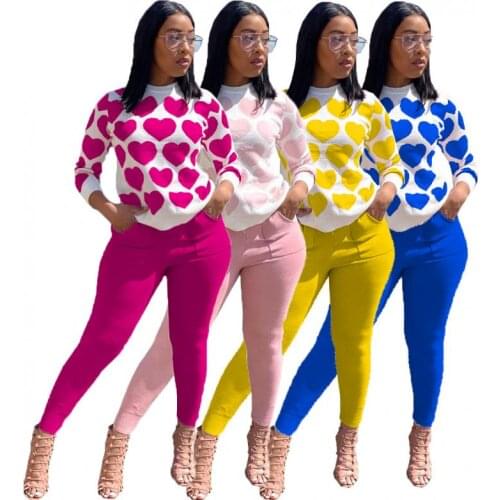 Spring Autumn Women Two Piece Cute Sweet Suits Long Sleeve Heart Shirt Top & Pocket Pants Set Autumn Clothes