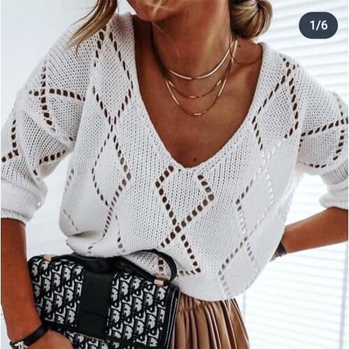 Autumn Winter Woman Sweaters Knitted Solid Color Long Sleeve Loose V-neck Rhombus Cutout White Top Fall Clothes For Womens 2020