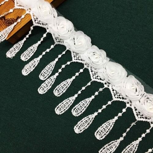 1 yard Tear Drop Pearl Rose Flowers Tassel Embroidered Lace Trim Ribbon Fabric Handmade Applique Wedding Dress DIY Sewing Craft