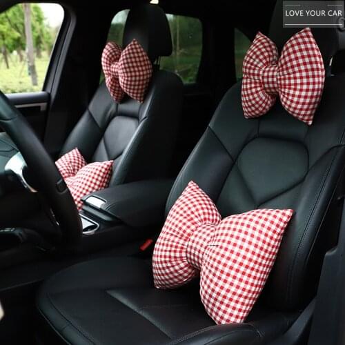 Car headrest neck pillow cute cartoon bow car waist pillow cushion car interior products women