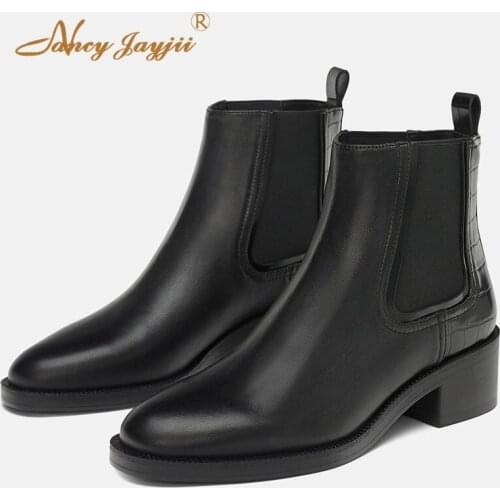 Chelsea Boots Short Booties Ankle Med Square heel Slip-On Pointed Toe Womens Shoes Winter Fashion Leisure Size 15 16 NANCYJAYJII