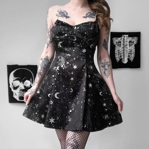 Gothic Dark Aesthetic Vintage Black Moon Print Mini Dress Summer Elegant Casual Button Punk V- Neck Dress Spaghetti Strap Dress