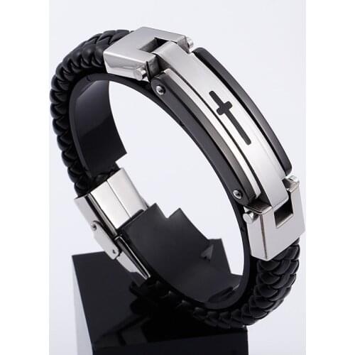 GNAYY Gold black Cross Stainless Steel ID Bracelet Genuine Leather Bangle large 15mm 8.66'' 47g weight