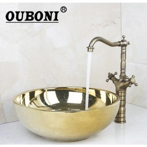 Golen Luxury Ceramic Basin Sink Washbasin Counter top Washroom Vessel Vanity Sink Bathroom Mixer retro Faucet Set