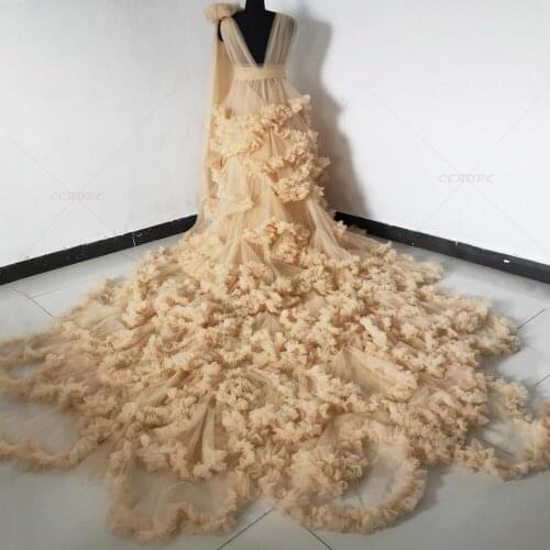 Champagne Maternity Robe Perspective Sheer Tulle Boudoir Bridal Robes Sleepwear Puffy Wedding Dressing Gown Photoshoot Dress