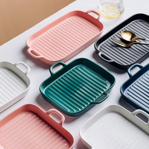 Nordic Style Anti-scalding Both Ears Ceramics Plate Fruit Dishes Saucer Dessert Dinner Plate Square Shape Tableware Set