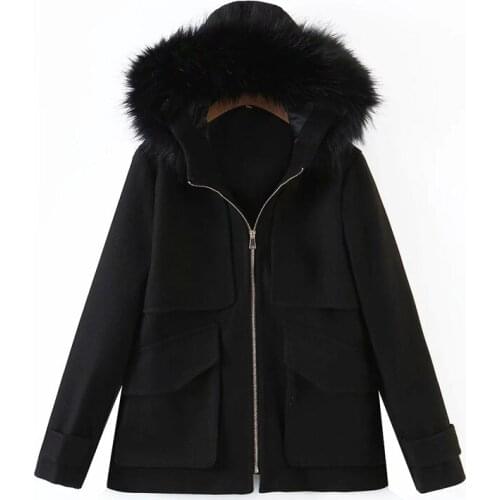 Merodi Ladies Vogue Faux Fur Hooded Collar Za Black Long Jackets Female Casual Double Pockets Zipper Thick Coat Outwear Chic