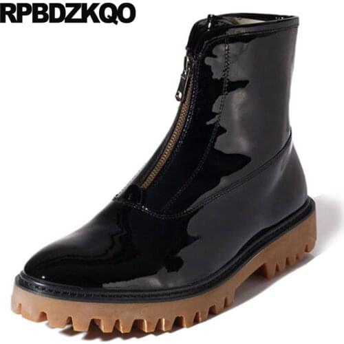 2018 Full Grain Leather Autumn Black Ankle Mens Patent Boots Shoes Zipper Genuine Real High Quality Sole Platform Thick Soled
