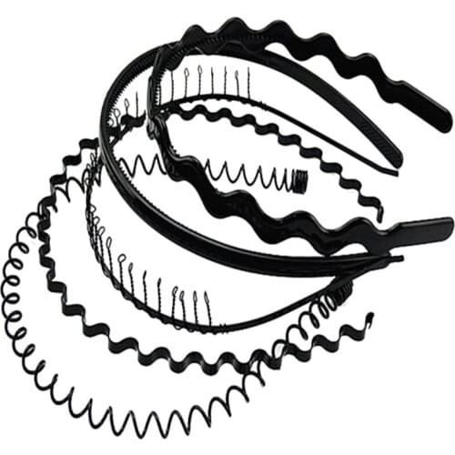 5Pcs Men Women Black Multi-Style Metal Plastic Hair Hoop Spring Wavy Spiral Headband Simple Wash Face Sports Headwear