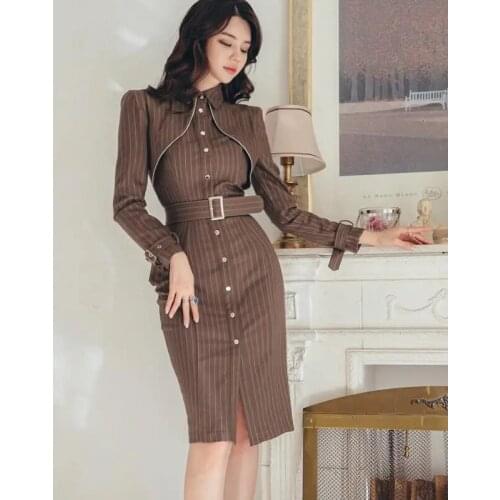 New Spring Autumn Dress Stripped Print Elegant Sashes Bodycon Pencil Knee-Length OL Work Vestidos SY117