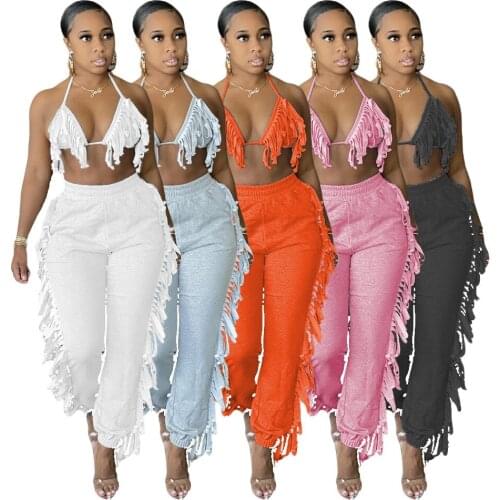 Sexy Tassel Two Piece Set Bandage Backless Halter Crop Top Women Solid Color Sweatpants Summer Outfits Clubwear Matching Sets